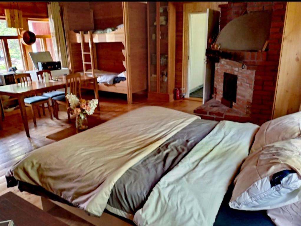 a bedroom with a large bed and a fireplace at Chez-Nous Äänekoski in Äänekoski