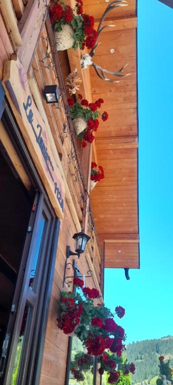 a building with flowers on the side of it at La Ianis in Vatra Dornei