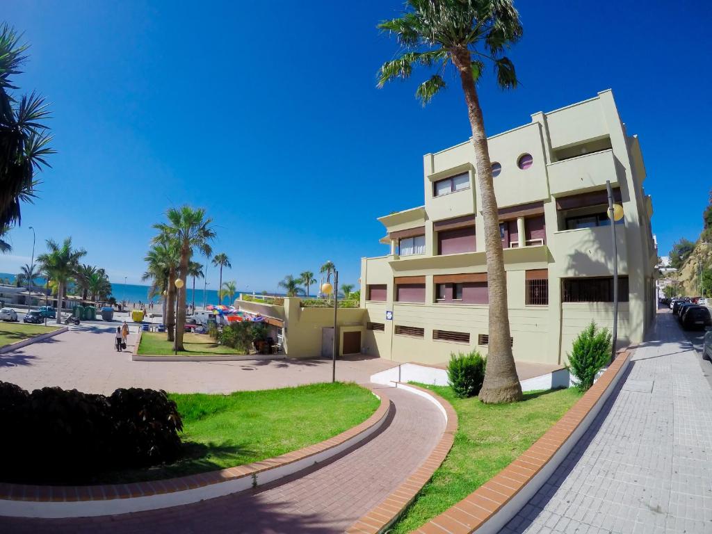 a building with a palm tree next to a street at Burriana Beach Apartment in Nerja