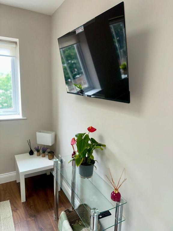 a living room with a tv on the wall at Stylish 1-Bed Flat in Ealing