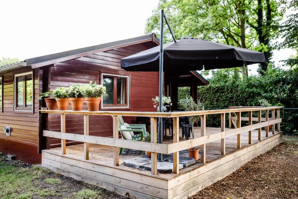 a tiny house with an umbrella on a deck at Knus houten huisje met uitzicht Meer Zeeland VP071 in Heinkensand
