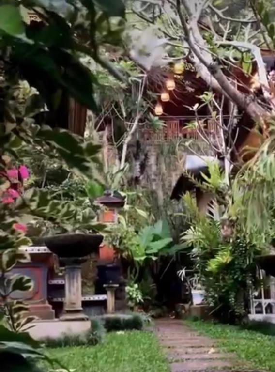 a garden with a fountain and many plants at Wenten House in Bungbungan