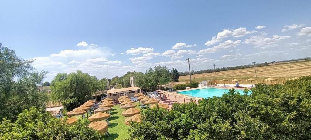 Un complejo con piscina, sillas y campo. en B&B Miramare Suite Village, en Castellaneta Marina