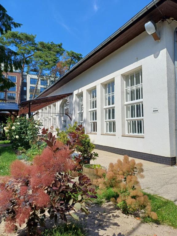 a white building with windows and plants in a yard at ORW Rzemieślnik in Międzywodzie