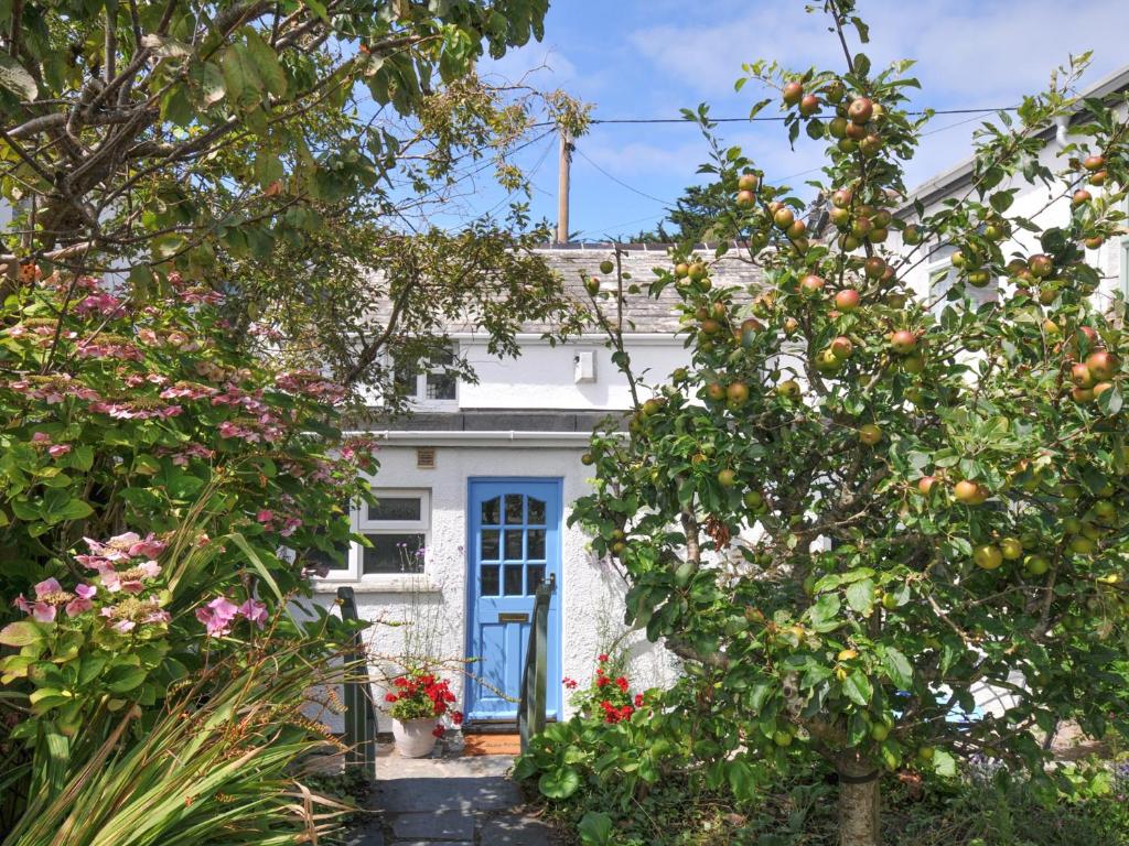 een wit huis met een blauwe deur en enkele bomen bij 2 Porthilly Cottages in Wadebridge