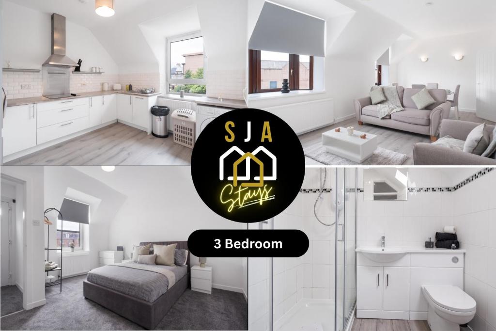 two images of a kitchen and a living room at Hay Residence - SJA Stays – Modern 3 Bed Apartment in Peterhead