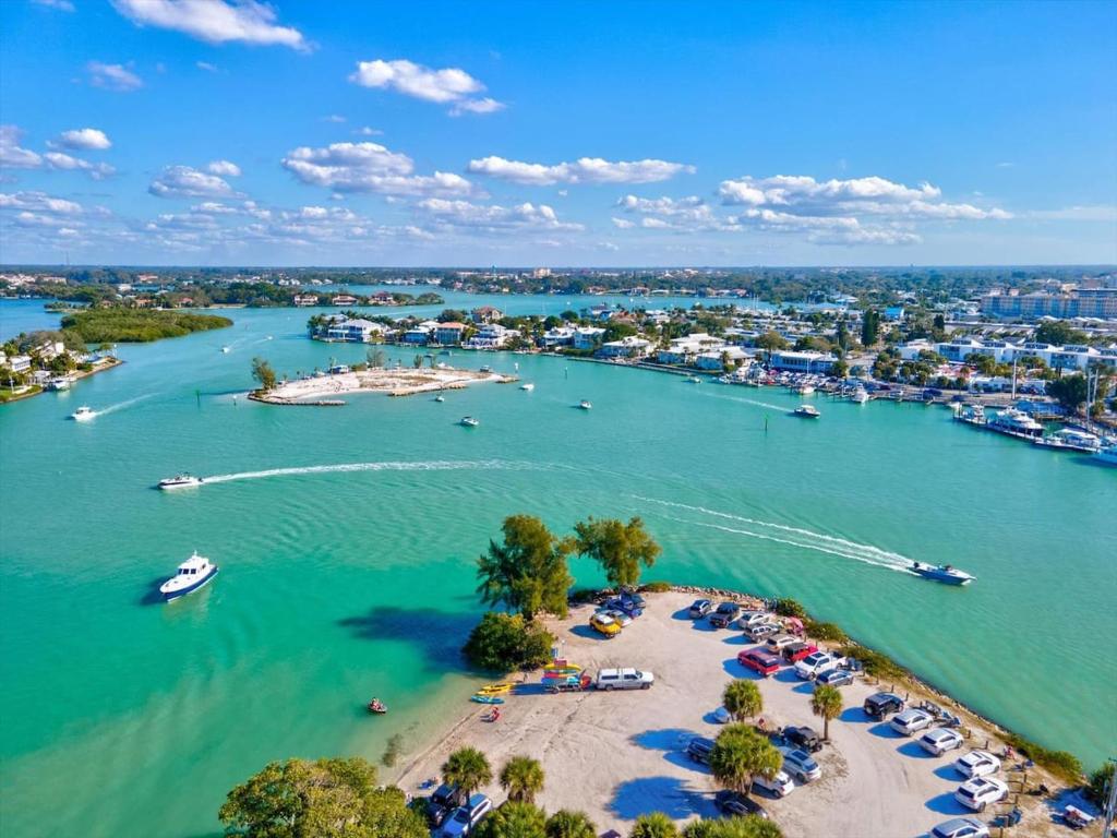 an aerial view of a harbor with boats in the water at Relaxing Getaway in Sarasota Great Location Whole House in Sarasota