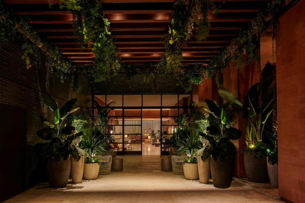 a hallway with potted plants in a building at The Hollywood Grande, Autograph Collection in Los Angeles