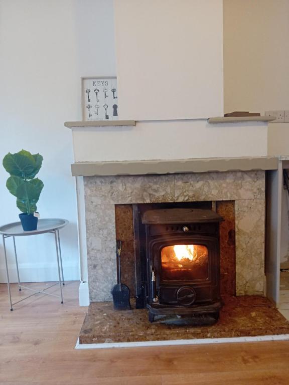 a fireplace in a living room with a fire place at Drumeenagh Lodge in Limestone Brook Bridge