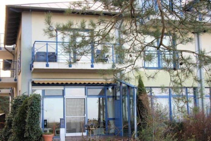 une maison avec des fenêtres bleues et blanches et un arbre dans l'établissement Fewo Wellenblick Trassenheide Usedom, à Trassenheide