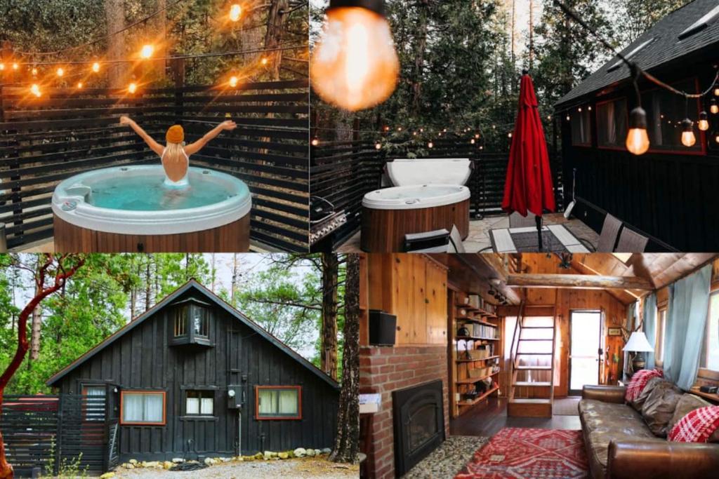 un collage de photos d'une maison avec un homme dans une piscine dans l'établissement Idyllcottage Historic In-town, Hottub, Ac, Dog Ok, à Idyllwild