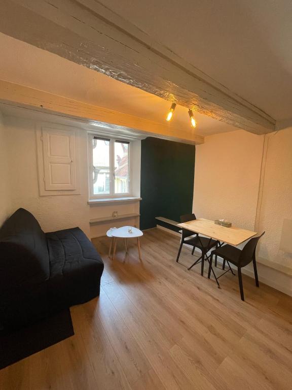 Studio centre ville في بيزنسون: غرفة معيشة بها طاولة وأريكة