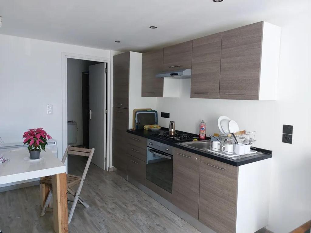 a kitchen with wooden cabinets and a counter top at Studio au calme les hirondelles in Les Mées
