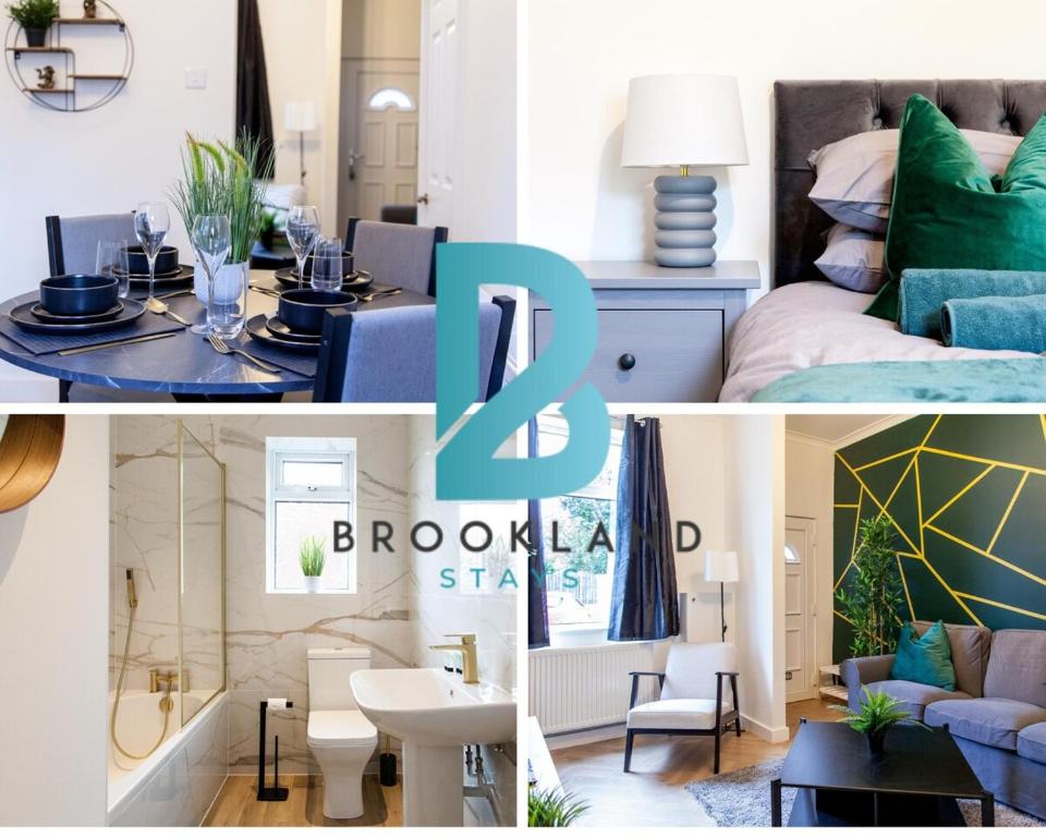 ハイドにあるTwo Bedroom House By Brookland Stays Serviced Accommodation Short Lets Manchester With Free WiFiのベッドルームとリビングルームの写真集