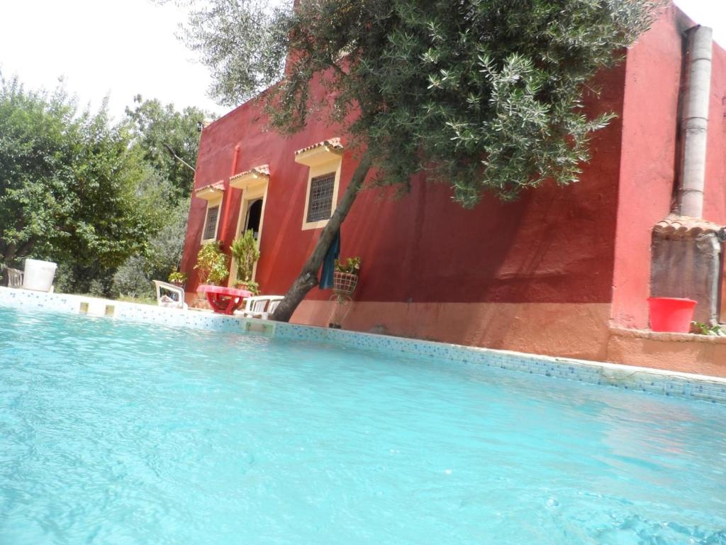 a swimming pool in front of a red house at Villa ferme amzmiz in Amizmiz