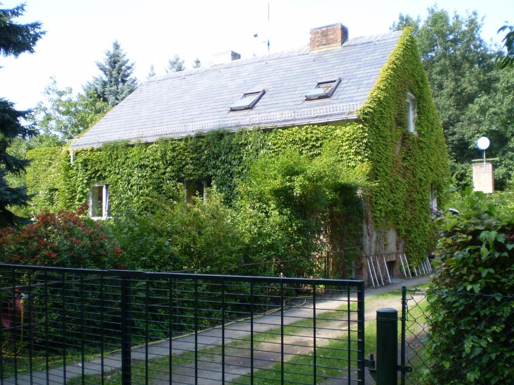 a building covered in ivy with a fence at Ferienwohnung Wolf in Nietwerder