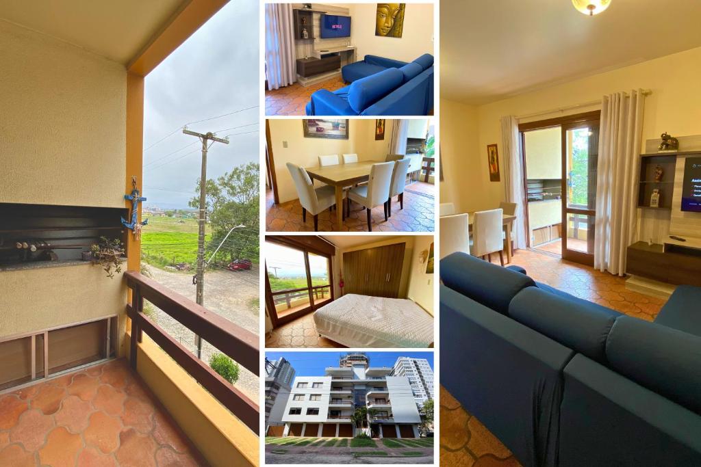 un collage di quattro immagini di un soggiorno e di una sala da pranzo di Apto 2 quartos na praia de Torres - 500mts do mar - Varanda com churrasqueira - Tv Smart - Wifi - Garagem - Aceita Pet a Passo de Torres