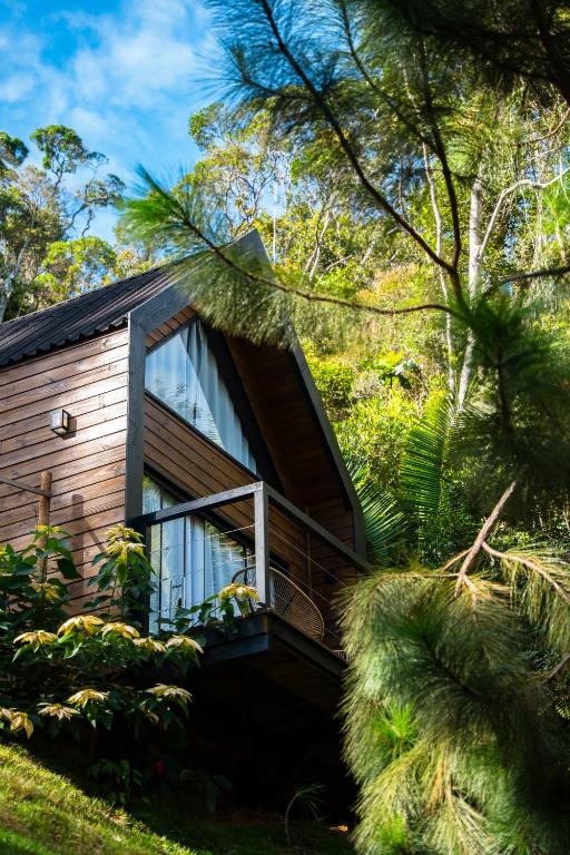 a cabin in the woods with a large window at Cabana Marabella in Santa Teresa