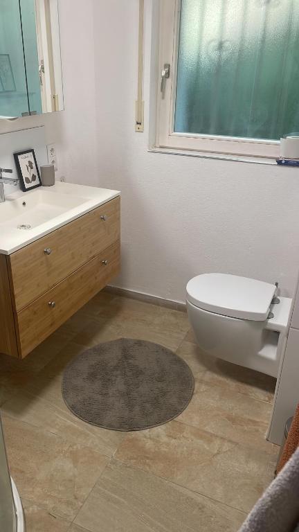 een badkamer met toilet, wastafel en raam bij REHBLICK Ferienwohnung in Trösel