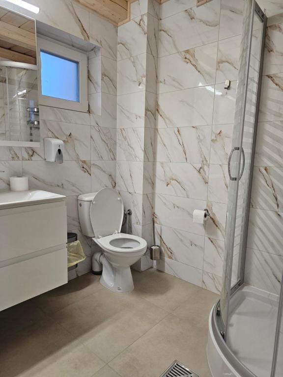 Modern bathroom with tiled walls, shower, toilet, and sink.