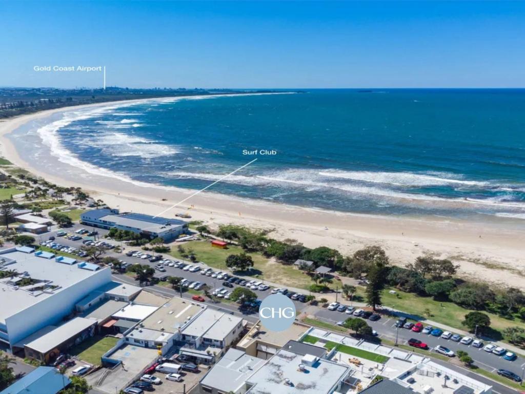 an aerial view of a beach and the ocean at Beached On Marine Parade in Kingscliff