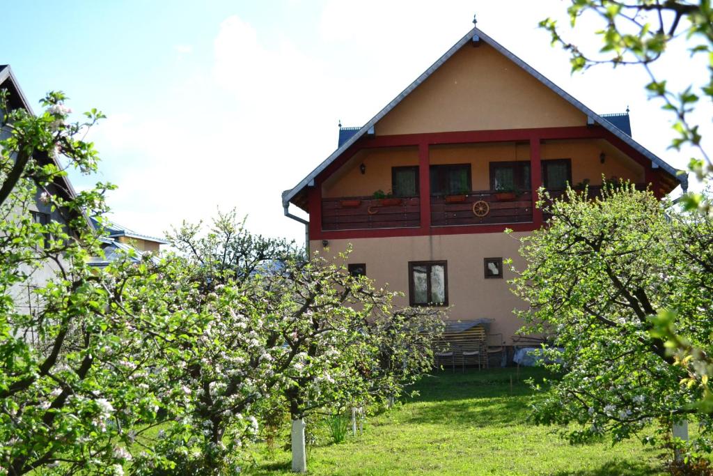 een huis met een veranda aan de zijkant bij Casa Andrada & Ilinca in Gura Humorului