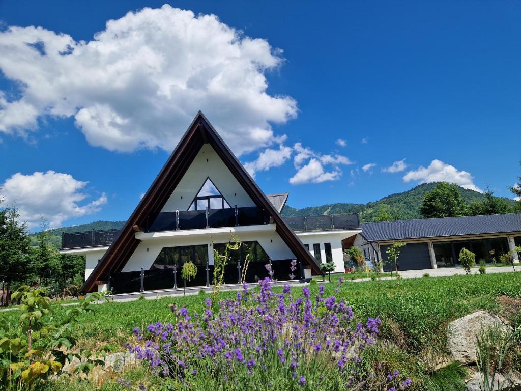 a house with a triangular roof and a field of flowers at Vila Timeea in Statiunea Borsa