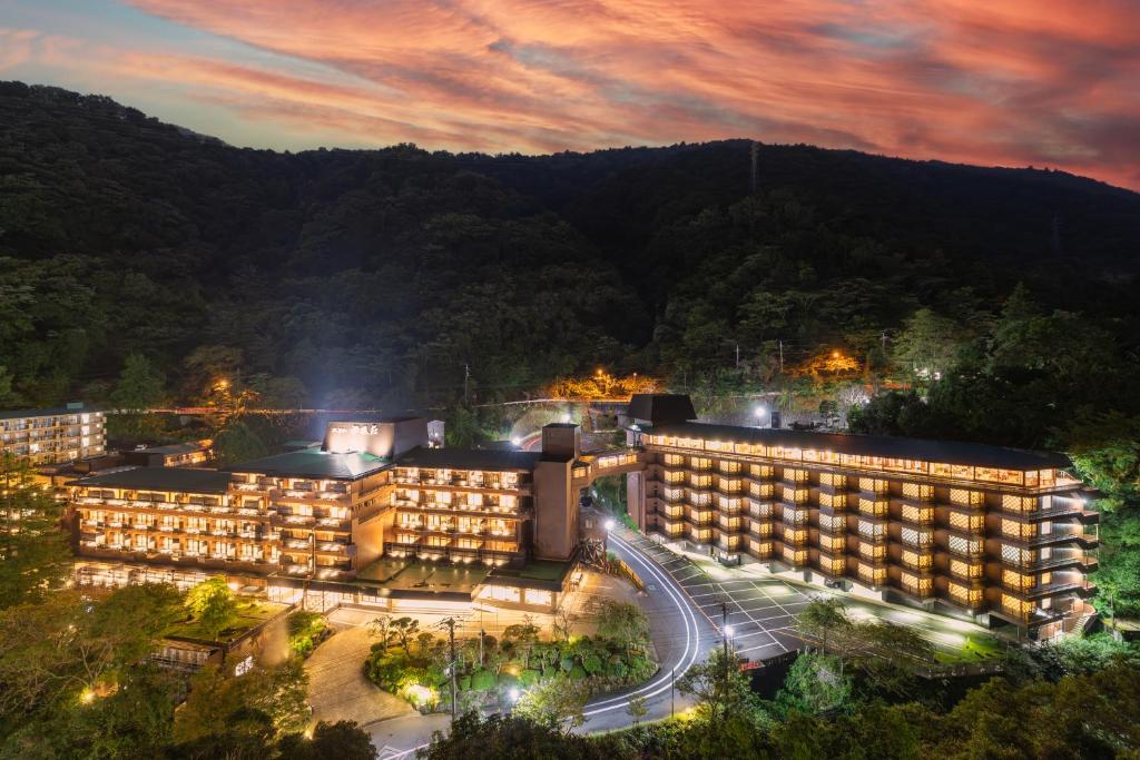 an aerial view of a hotel at night at Hotel Nanpuso in Hakone