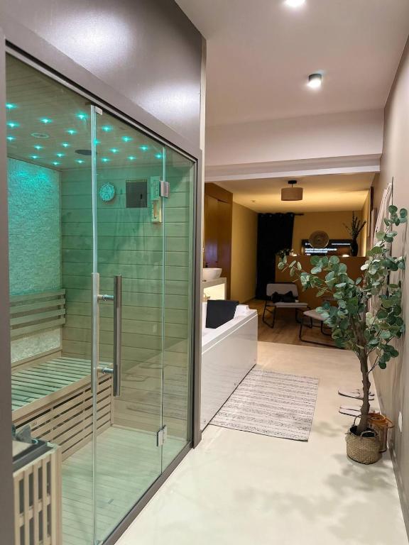 a glass shower in a bathroom with a living room at L'Écrin Bohème - Jacuzzi & Sauna - Amiens in Amiens