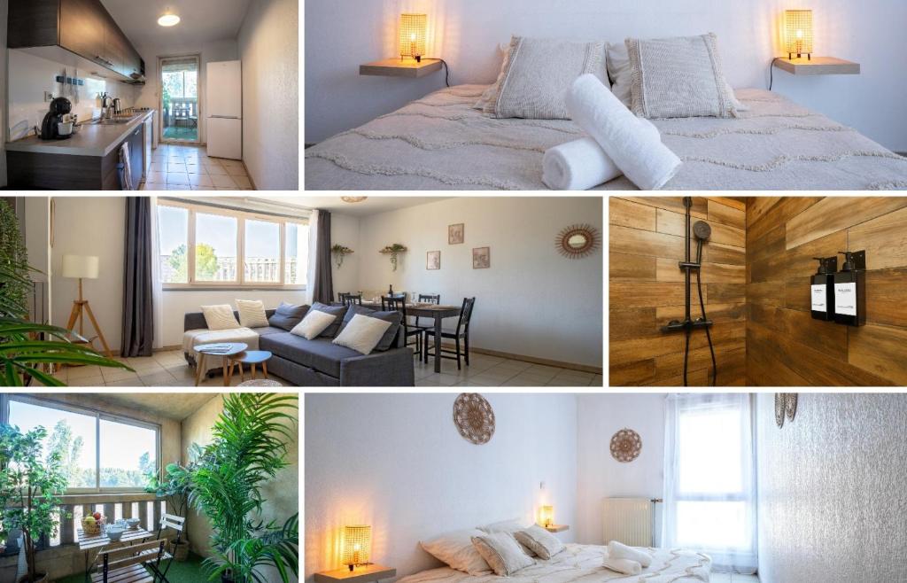a collage of photos of a bedroom and a living room at Centre - Clim - Parking - Esplanade de l'Europe in Montpellier