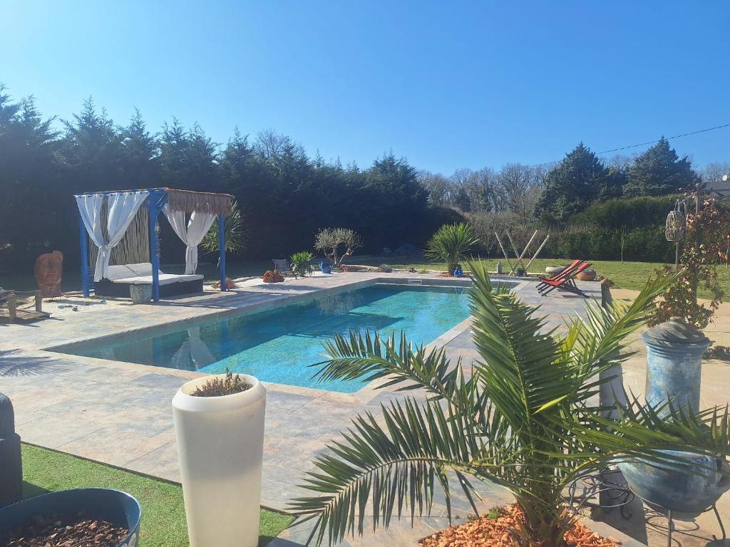 a swimming pool with a palm tree in a yard at Villa Lailléa in Pont-Péan