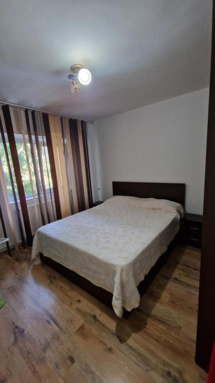ein Schlafzimmer mit einem Bett in einem Zimmer mit Holzboden in der Unterkunft Apartament Ireg in Galaţi