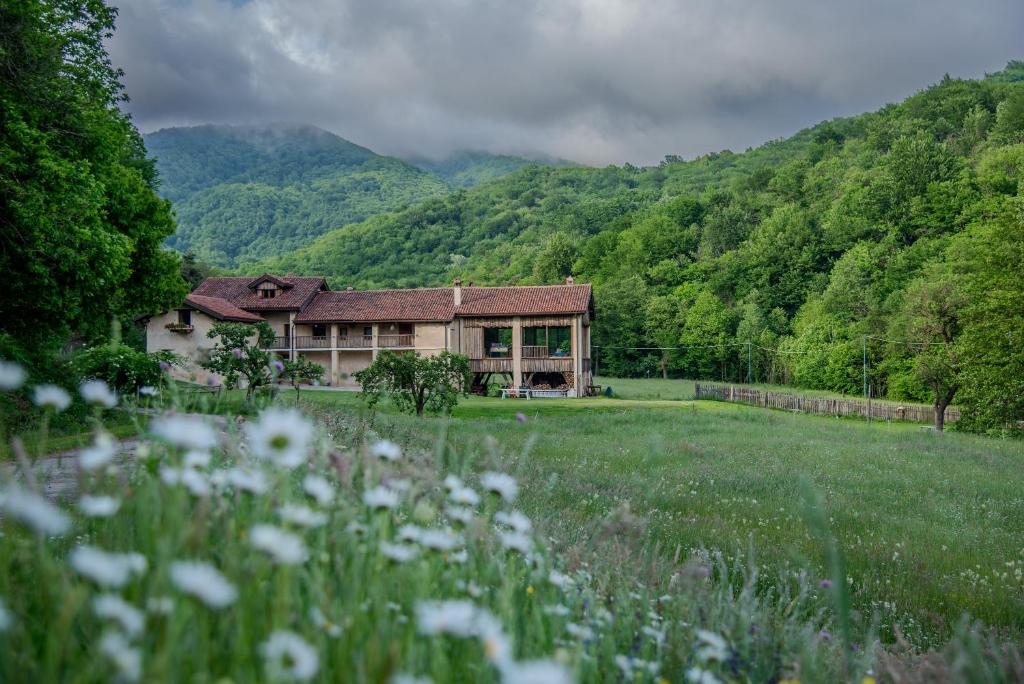 une maison au milieu d'un champ fleuri dans l'établissement Wild Adelasia - Cascina Sarvaglioni, à Ferrania
