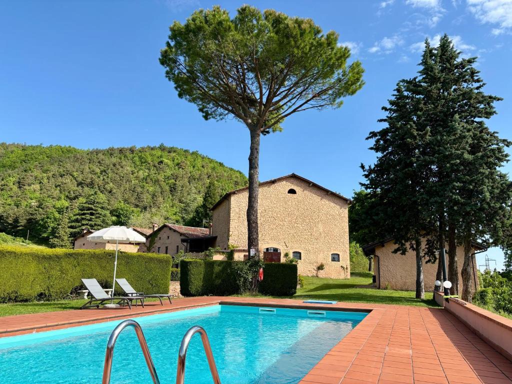 a swimming pool in front of a house with a tree at Val di Codena - Holiday Home in Vetto