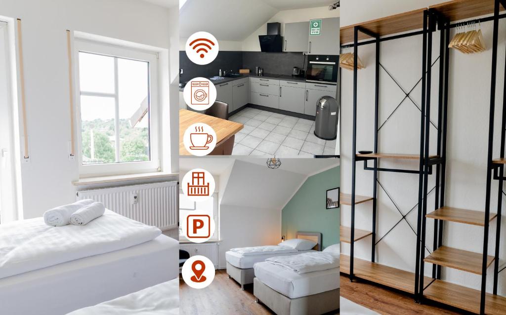 eine Collage mit Fotos von einem Schlafzimmer und einer Küche in der Unterkunft janu-homes - 3 Zimmer Apartment - 7 Betten, Lahnblick vom Römer in Runkel