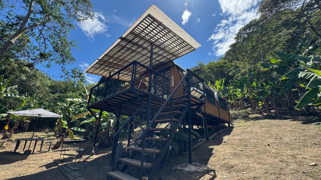 a tree house with a ladder in a field at Casa Islandia in La Vega