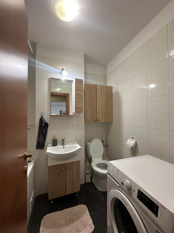 a bathroom with a sink and a washing machine in it at Confort Studio in Popeşti-Leordeni
