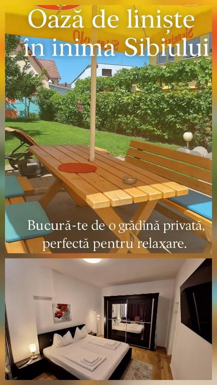 a magazine advertisement for a living room with a wooden bench at Ana's Garden Sibiu in Sibiu