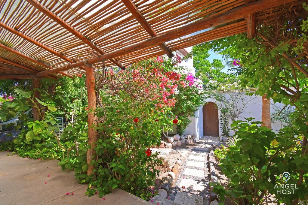 a garden with flowers and a wooden pergola at Private pool, Oceanview Rooftop in Historic La Paz in La Paz