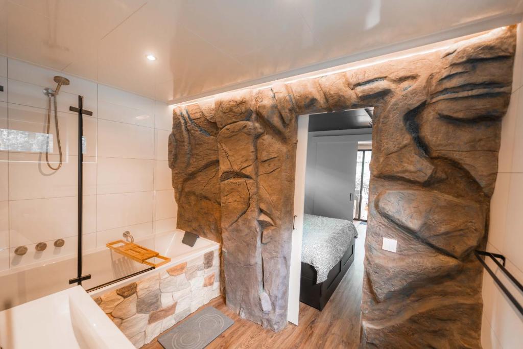 a bathroom with a large rock wall at Het Sterrenbos in Zuidwolde