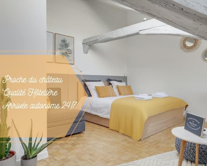 ベルサイユにあるLes Mansardes du Roi - Tout proche châteauの黄色い毛布が掛けられたベッドのある寝室
