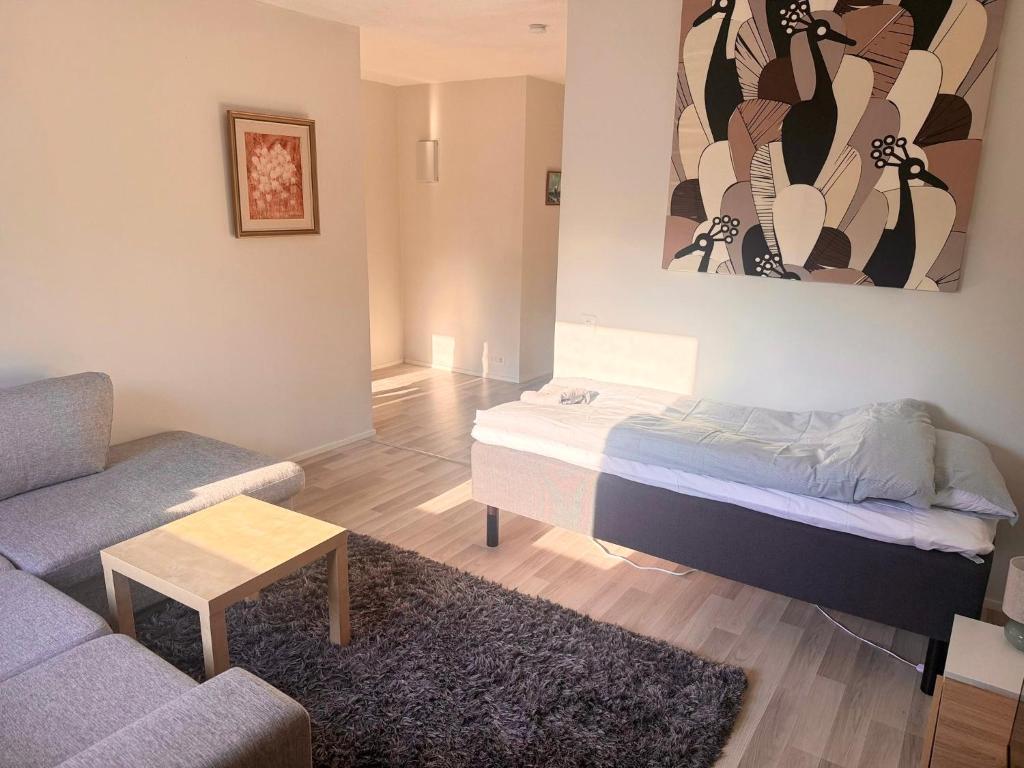Cozy 2 Bedroom Apartment Near Santa Claus Village with space for 5 في روفانييمي: غرفة معيشة بها سرير وأريكة