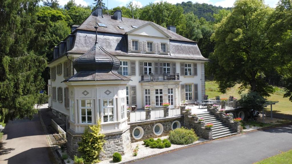 an aerial view of a large white house at Landsitz Kammerburg in Lorch am Rhein