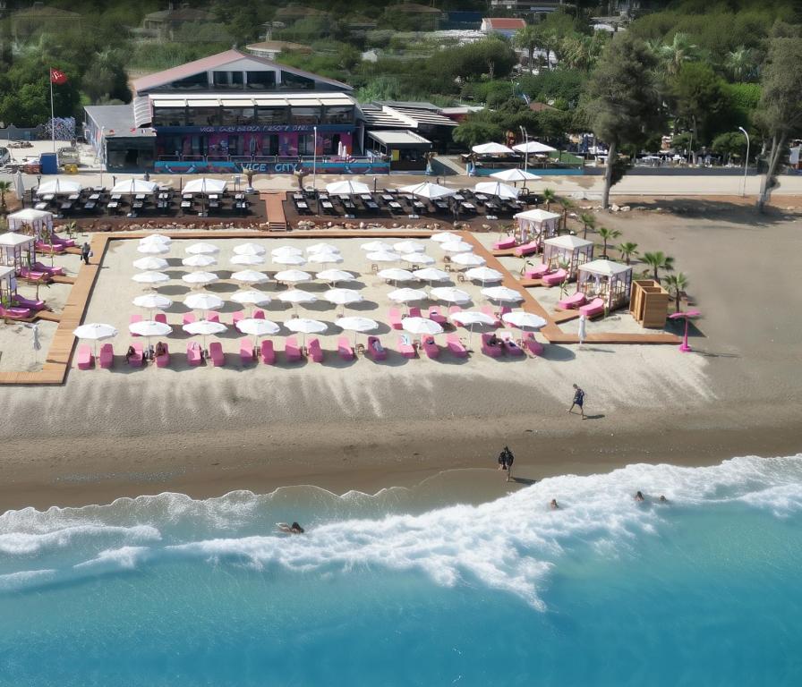 una vista aerea di una spiaggia con sedie e ombrelloni di vice city beach resort otel a Arpaçbahşiş