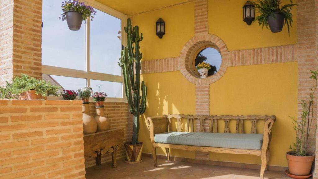 a yellow wall with a bench in a room with plants at Casa Flor de La Jara - An elegant rural retreat in Cobisa