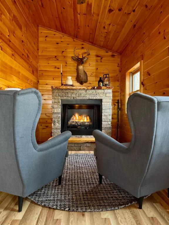 two chairs in a living room with a fireplace at The Tree House- Wifi- Firepit- 2 Fireplaces-Garden Tub-Free Activities in Morganton