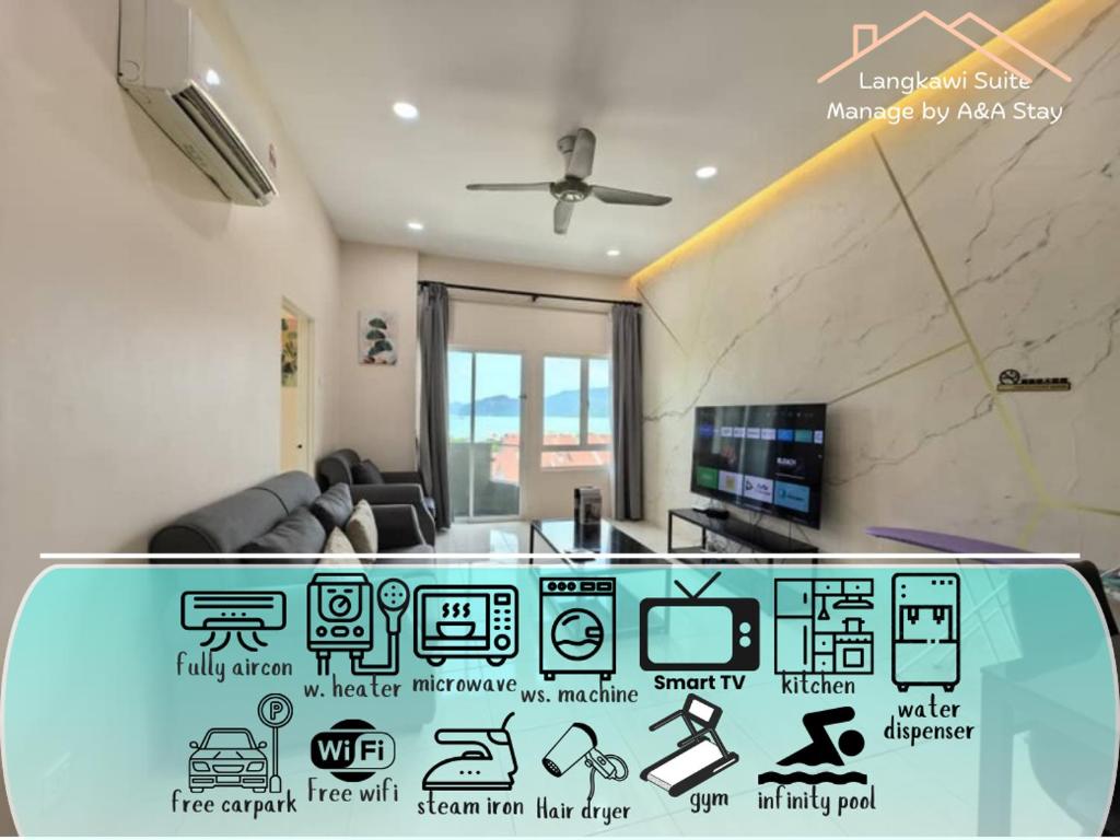 a living room with a sticker on the back of a room at Langkawi Simfoni Platinum Suite in Kuah