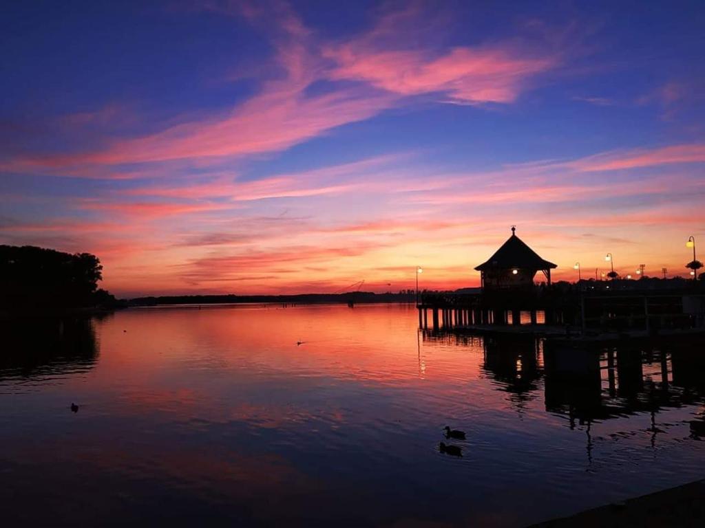 un tramonto su un lago con un molo e anatre nell'acqua di SWKD - Kameralne Apartamenty a Ostróda