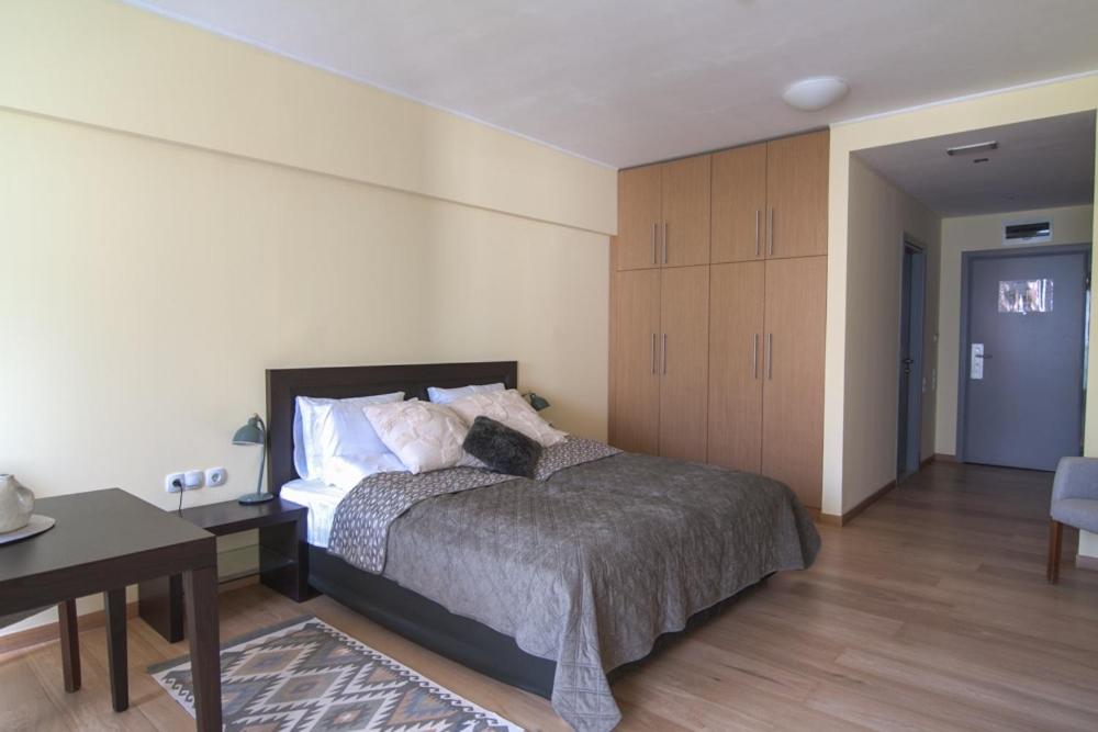 een slaapkamer met een bed, een bureau en een tafel bij Deno Studio in Borovets