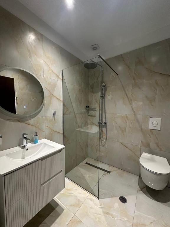 a bathroom with a shower and a toilet and a sink at Helios Boutique Hotel in Dhërmi